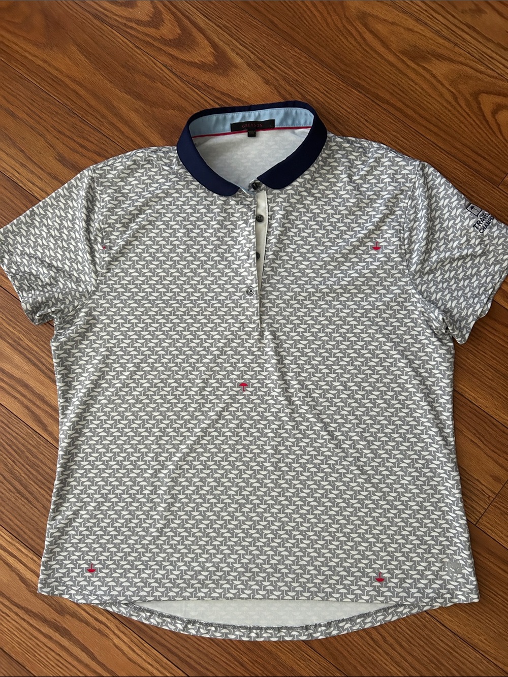 Greyson Grey Patterned Umbrella Polo shirt with Navy Contrast Collar, Golf, XL - Picture 13 of 13